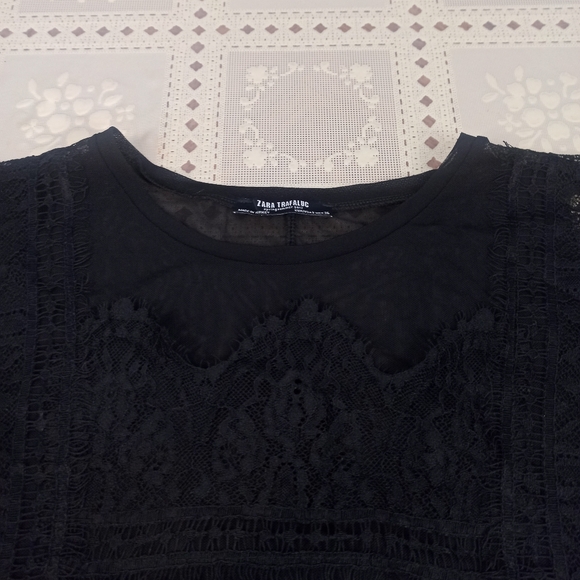 ZARA Black Sheer Lace see through  Blouse Ruffled Scalloped Sleeveless  Size S - Picture 12 of 15